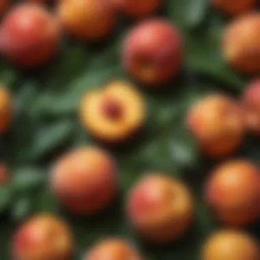 An artistic arrangement of peach fruits and leaves