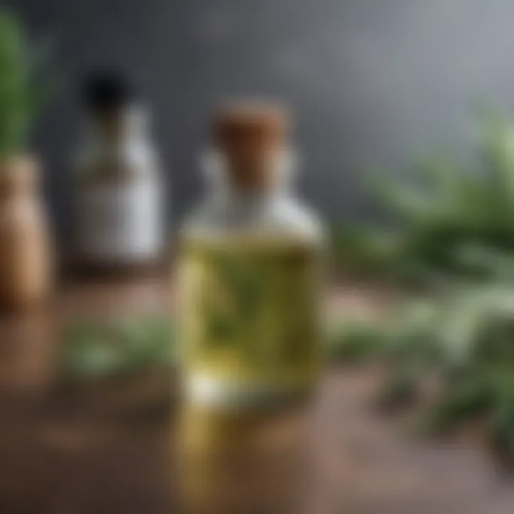 A calming rosemary-infused hair oil in a small glass bottle.