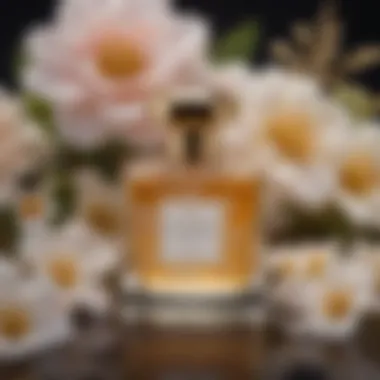 Close-up of a delicate floral perfume bottle with a gold accent