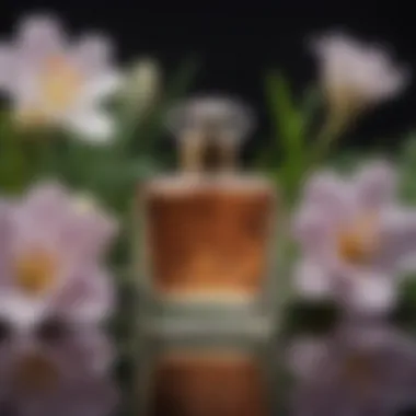 A luxurious perfume bottle surrounded by freesia flowers