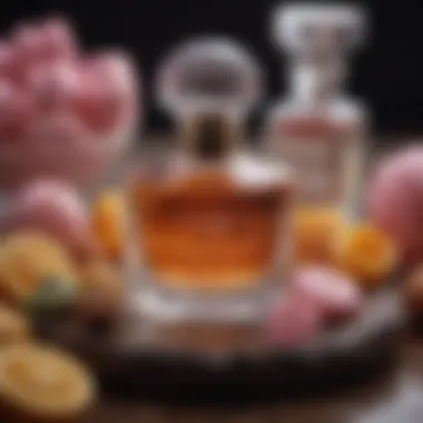 A serene scene featuring a handcrafted perfume bottle surrounded by sweets