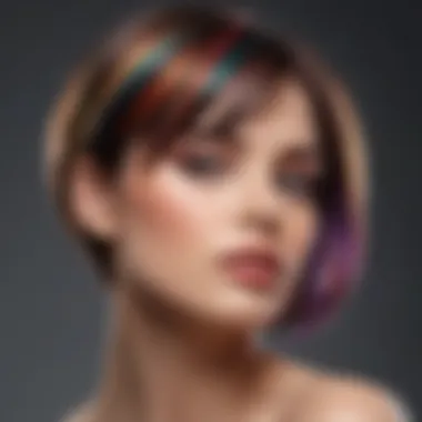 Multicolored short hairstyle emphasizing highlights and lowlights