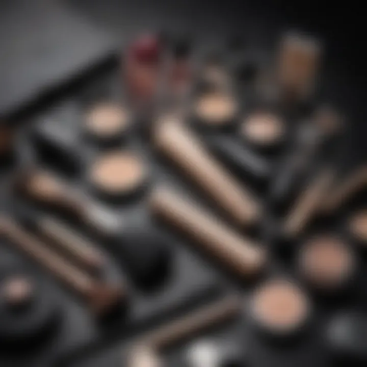 Makeup application tools laid out for foundation application.