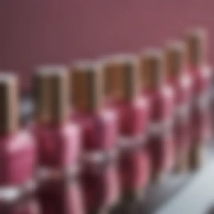 An assortment of different brands of metallic pink nail polish displayed on a vanity.