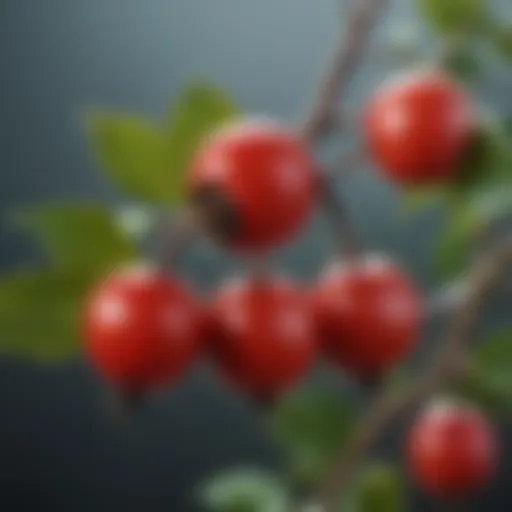 Close-up of rosehip fruits on a branch